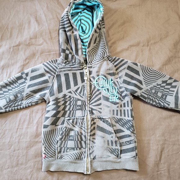QuikSilver Hoodie Abstract Zip Up Distressed Look Embroidered Blue Grey Logo 3T - Picture 1 of 5